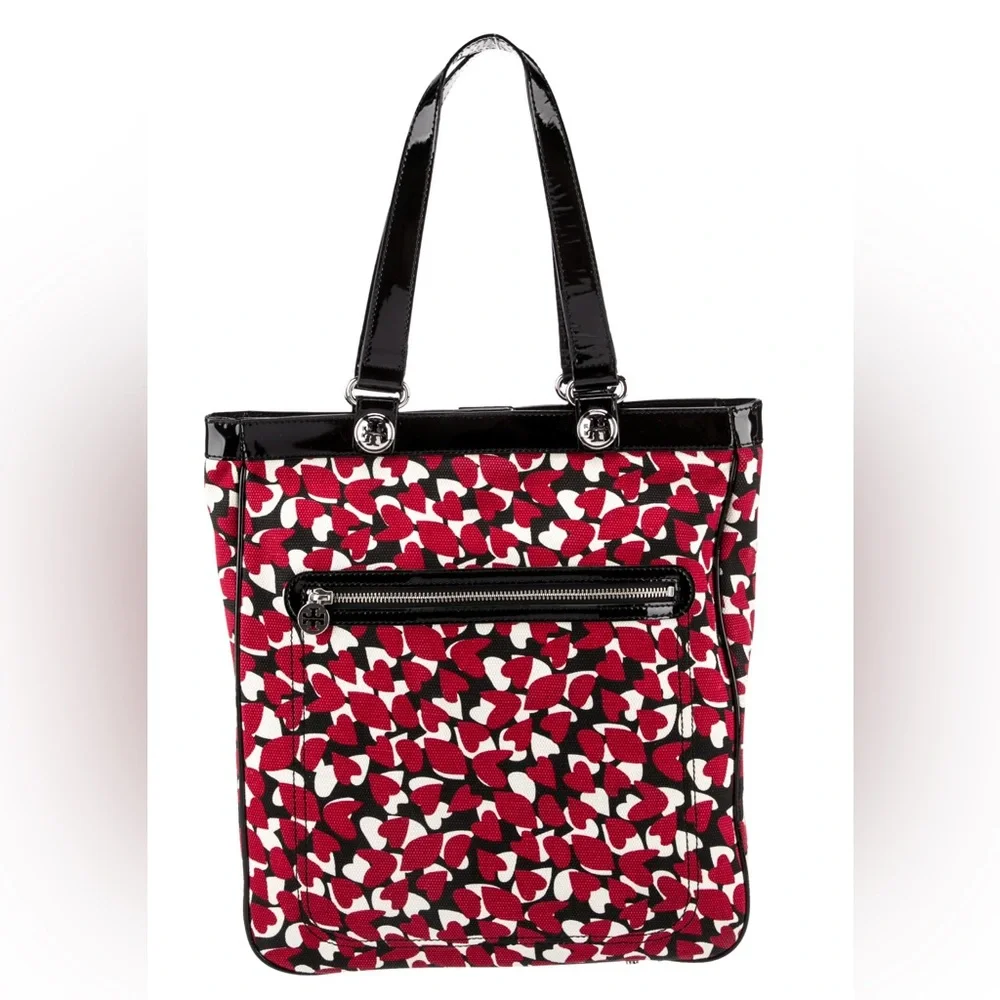 Tory Burch Red Hearts Canvas with Black Patent Leather Tote Shopper EUC